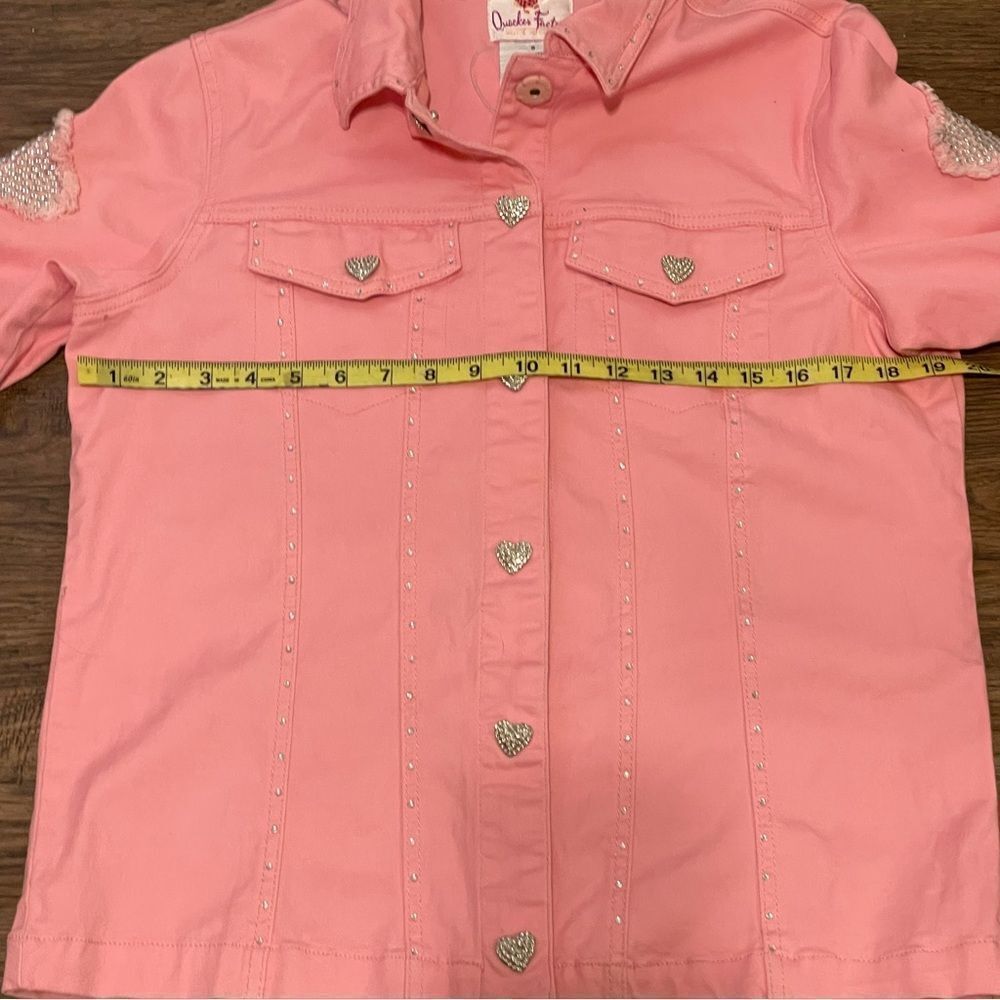 Quacker Factory Denim Button Down Jacket Distressed Rhinestone Hearts Pink S - Picture 14 of 15